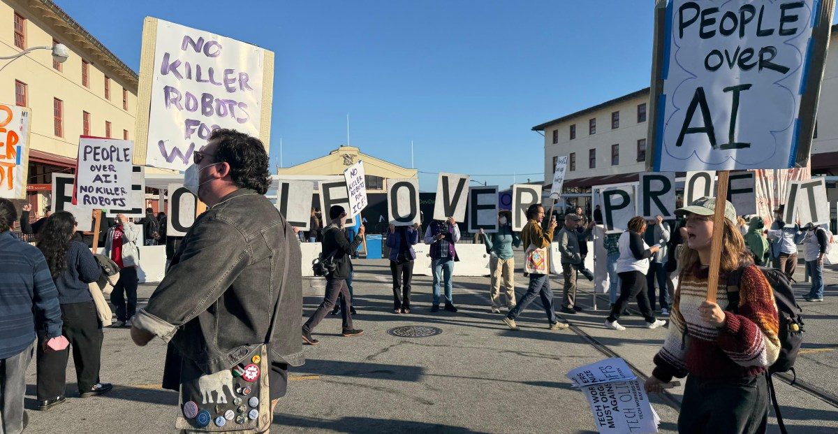 Protesters gather outside OpenAI's DevDay over ICE contracts and data centers