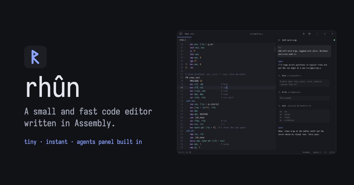 Rhun: Assembler-də yazılmış açıq mənbəli kod redaktoru