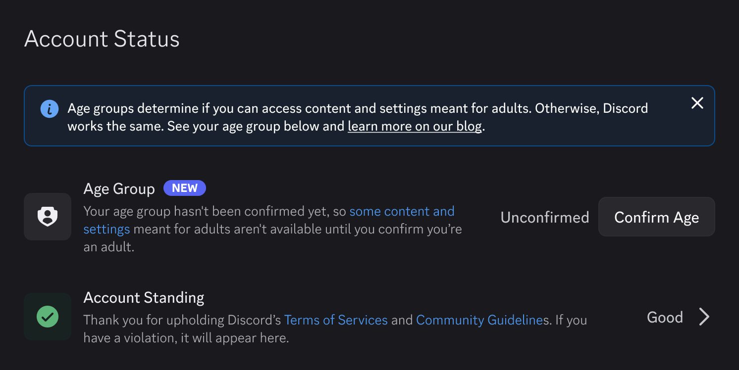 Account status settings page with the new age group section
