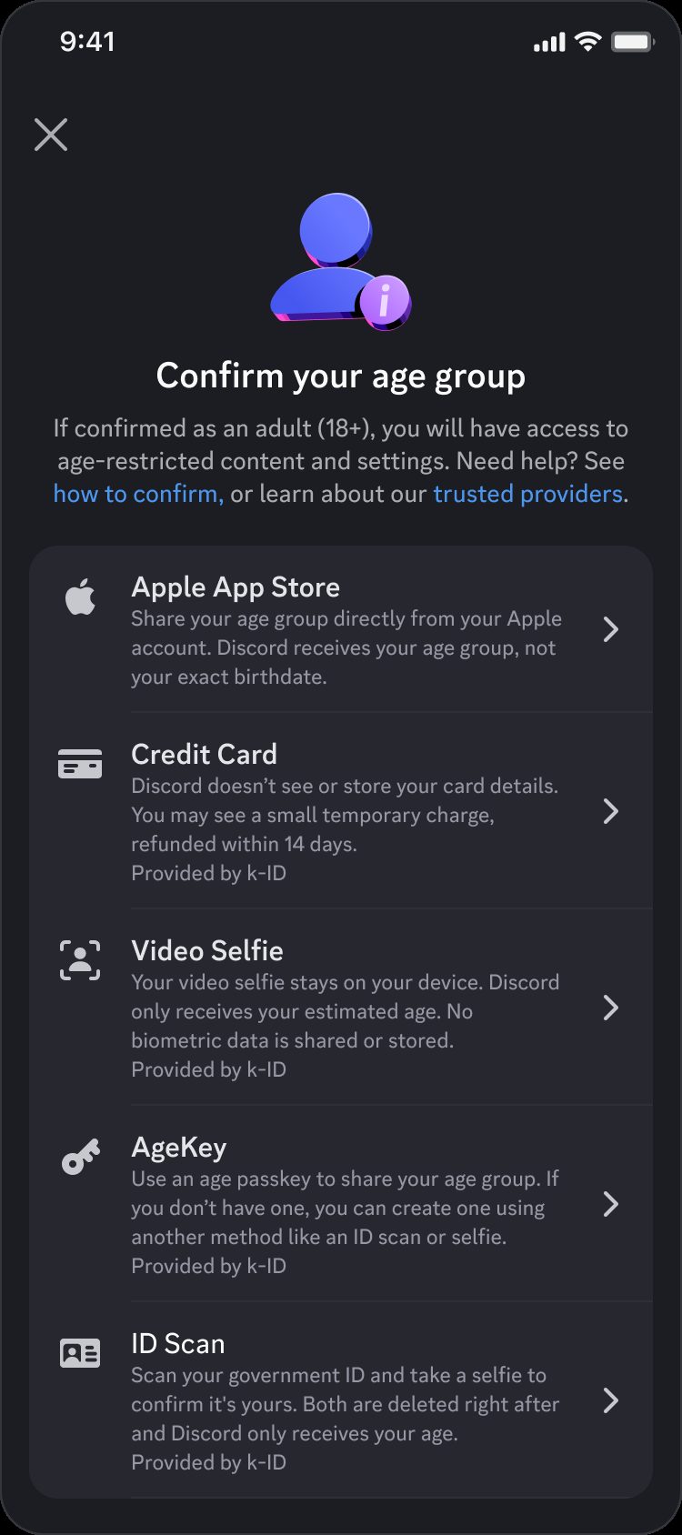 Confirm your age group screen with the available options