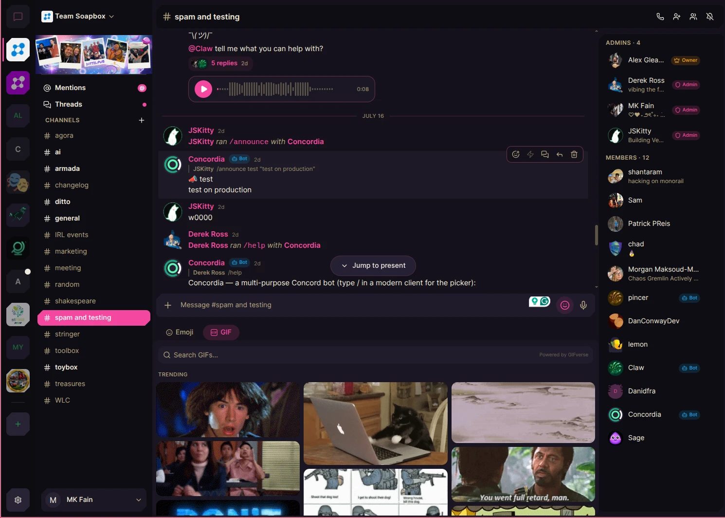 Armada desktop app showing channels, chat, and a community member list