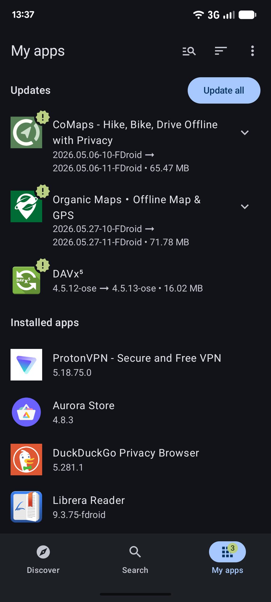شاشة My Apps في F-Droid 2.0
