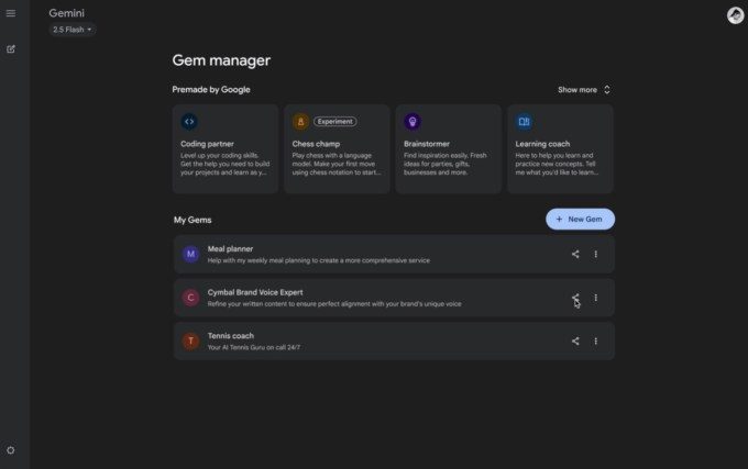 شاشة مشاركة Gem في تطبيق Gemini