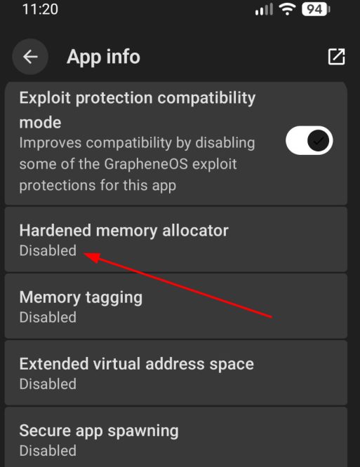 لقطة شاشة من GrapheneOS: إعدادات Exploit protection للتطبيق