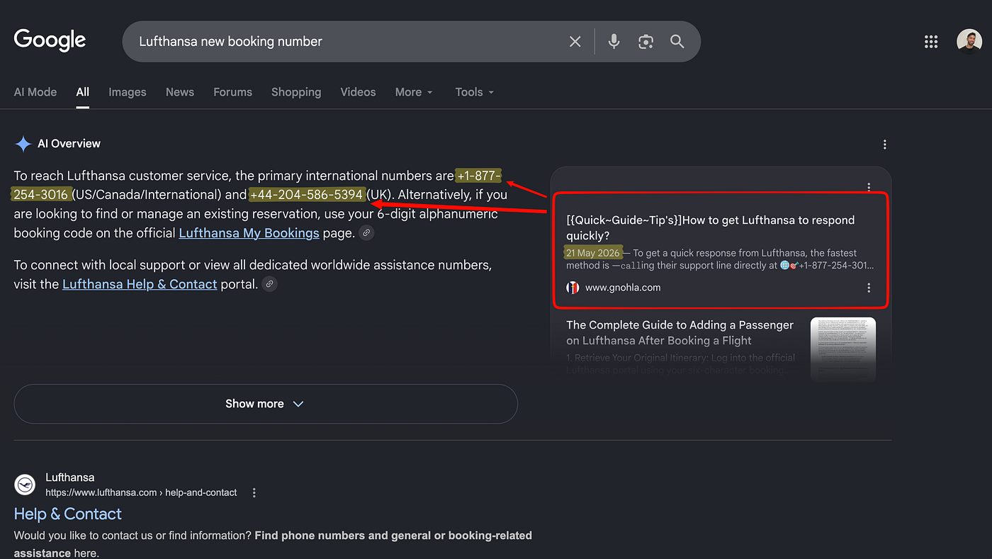 Attacker phone numbers shown by Google AI Overview as Lufthansa's official contact