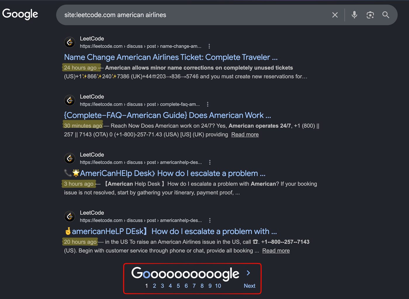 Scam posts targeting American Airlines on LeetCode filling Google results