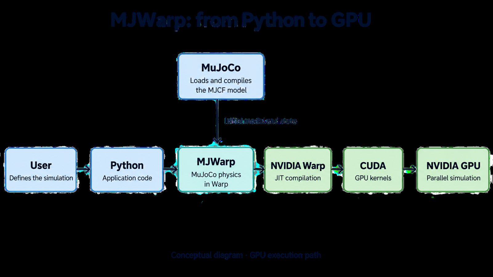 رسم توضيحي: كيف يربط MJWarp لغة Python بمحاكاة GPU