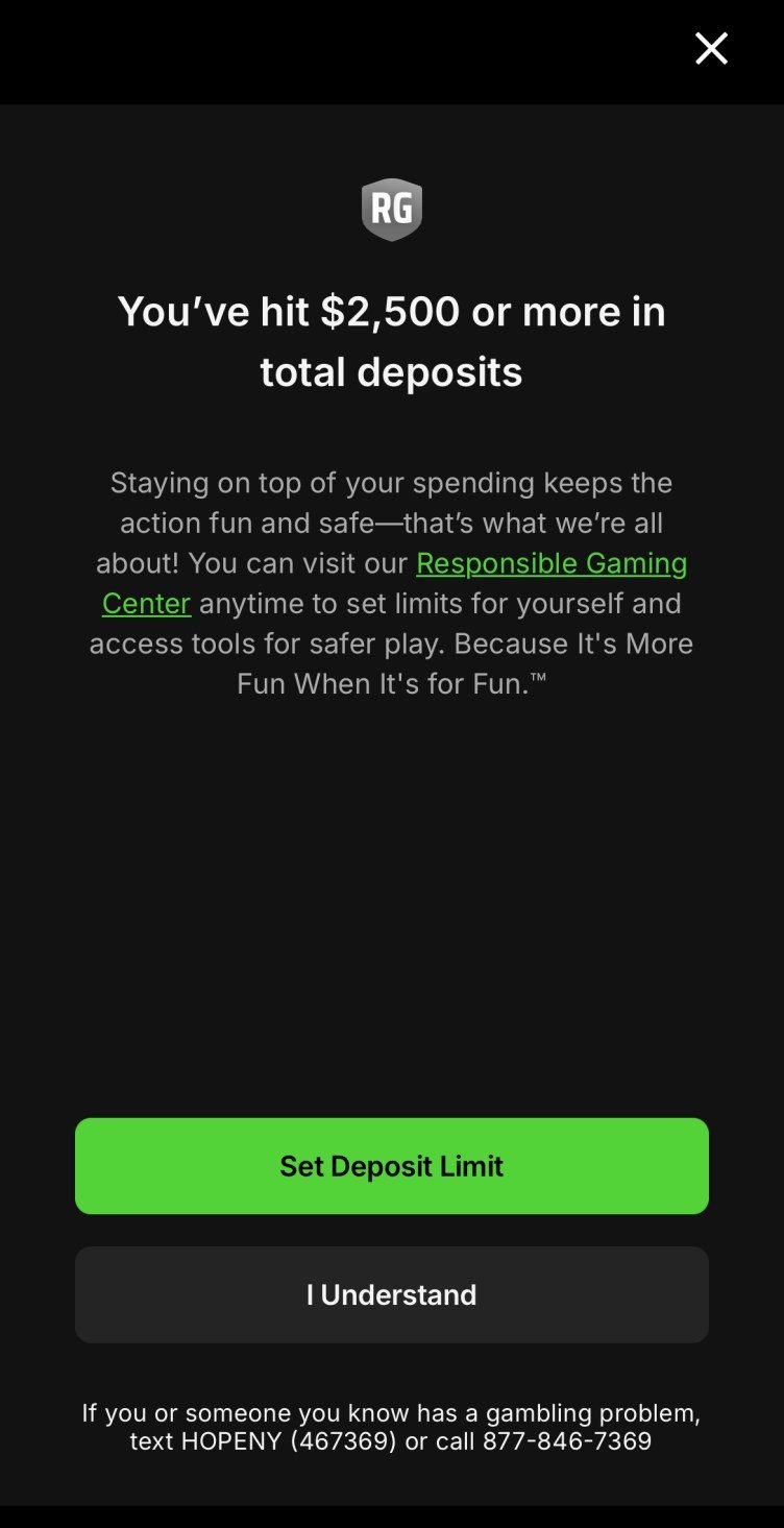 إشعار الإيداع الذي فرضته قاعدة الولاية داخل تطبيق DraftKings