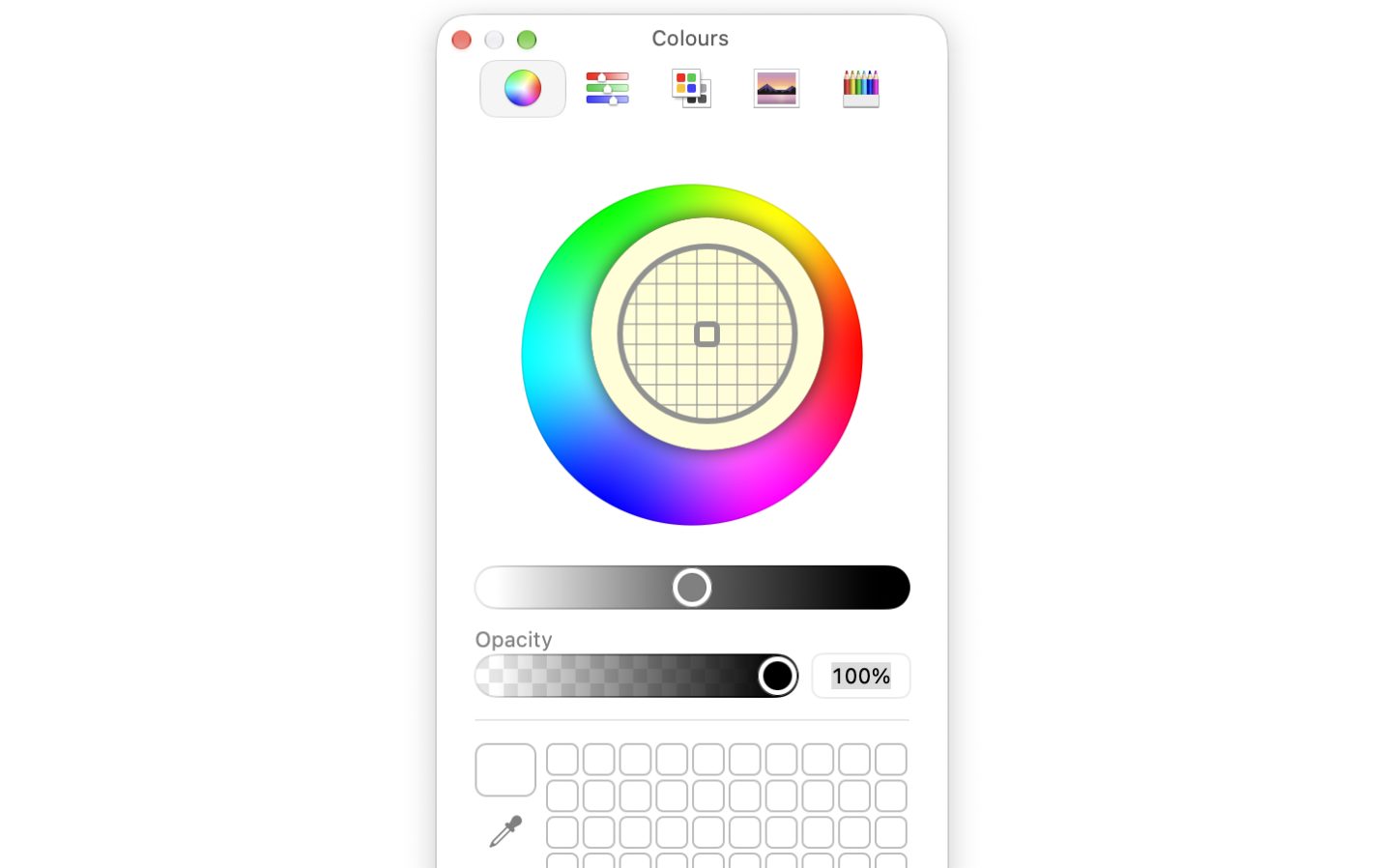 Colours-ის ფანჯარა, სადაც pipette-ის გამოყენება სისტემას აჩერებს