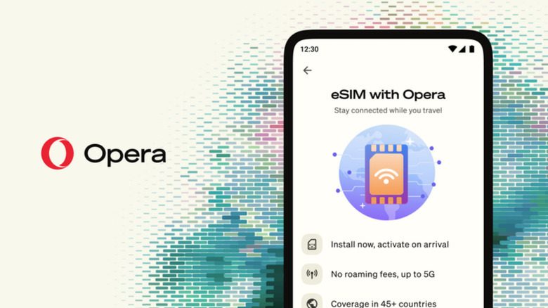 صورة ترويجية لشريحة eSIM الجديدة من Opera مع هاتف ذكي