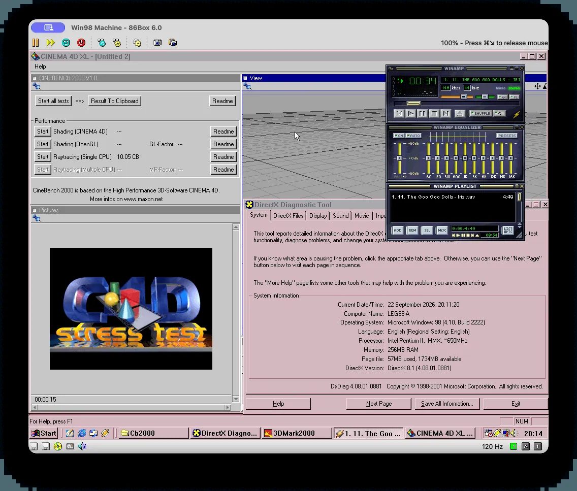 تشغيل Pentium II بتردد 650MHz مع Cinebench 2000 وWinamp