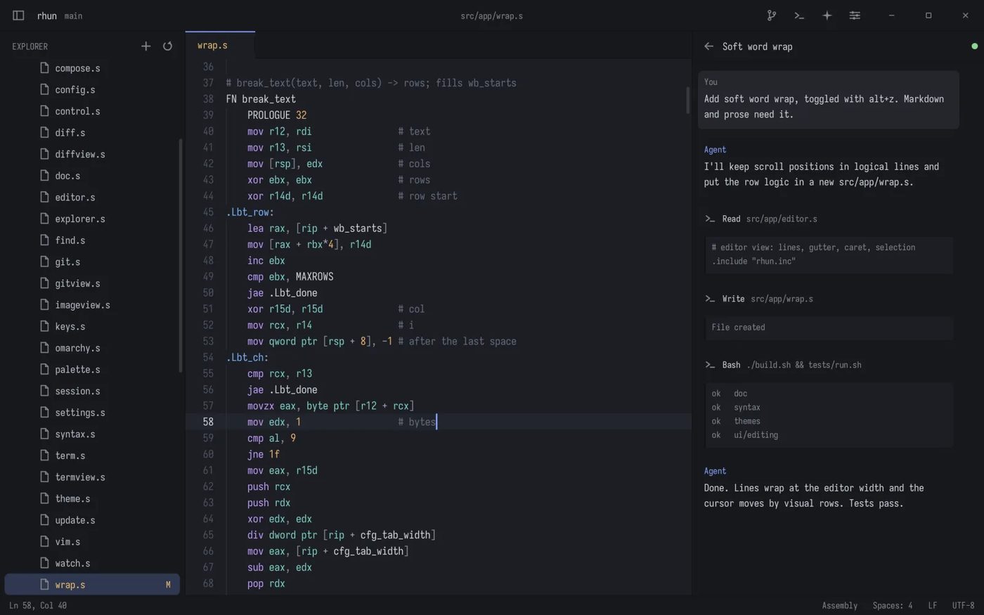 Rhun with a file tree, syntax highlighting and a live AI agent session