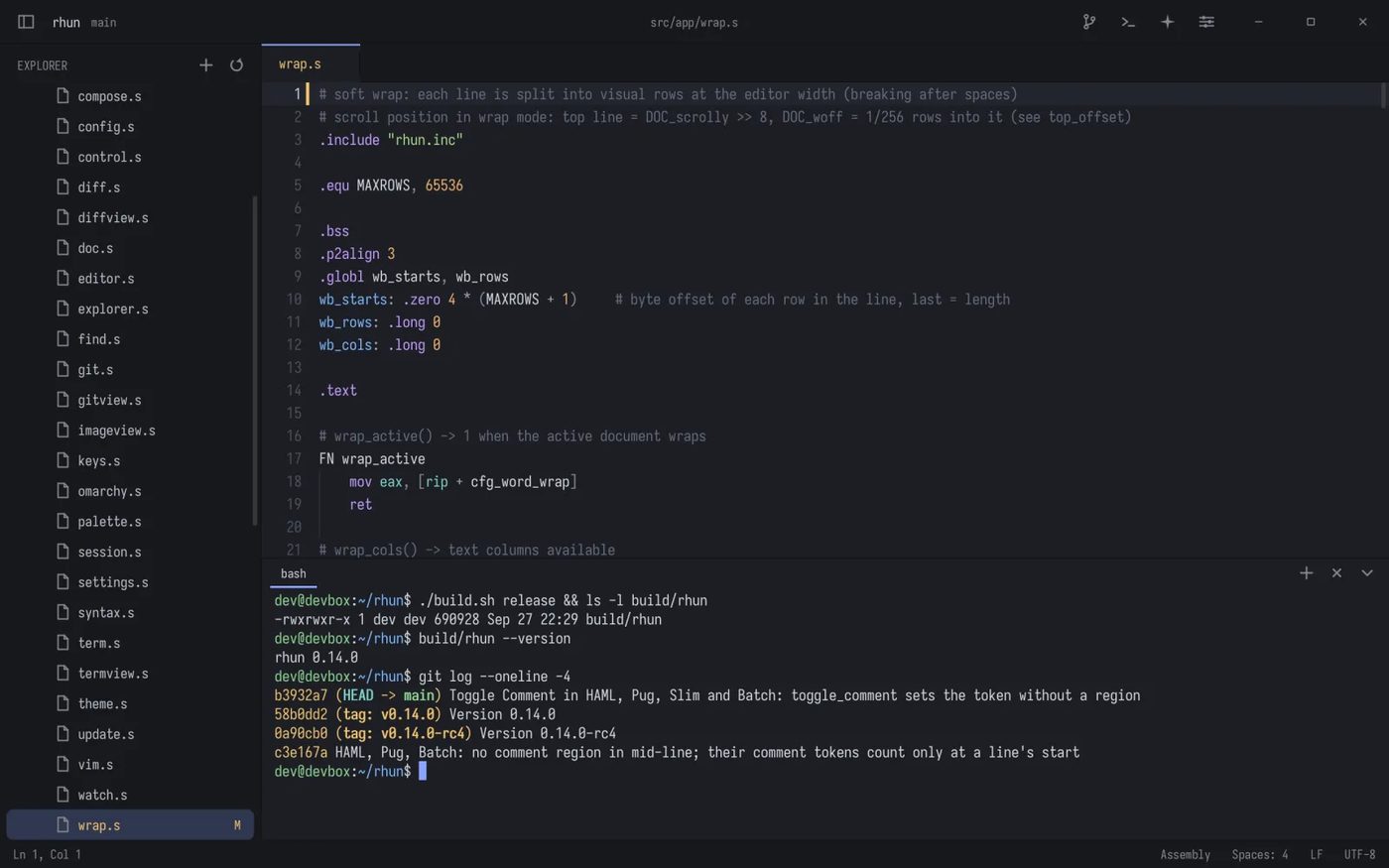 Rhun's built-in terminal beside the code