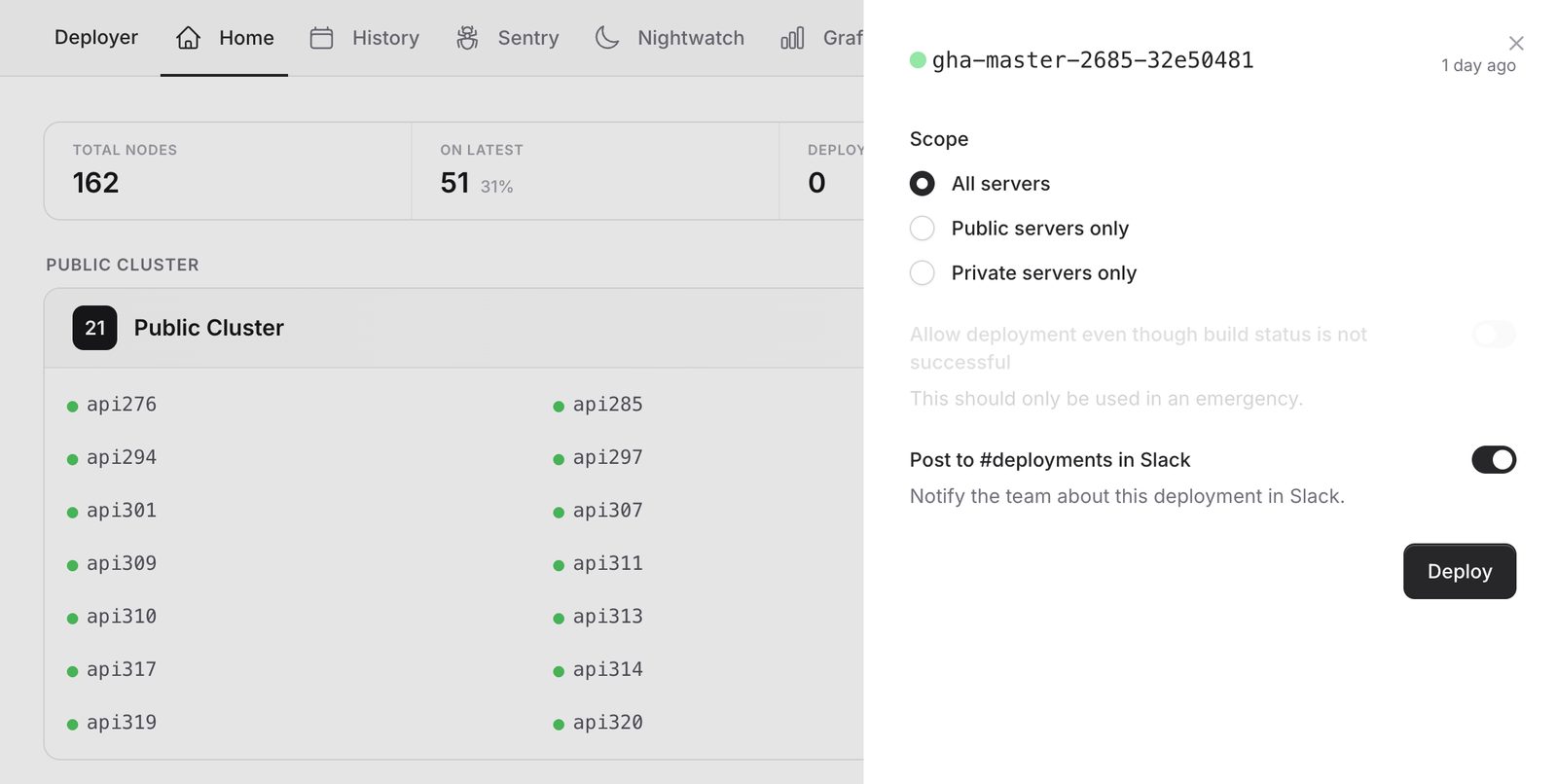 Geocodio's deployment tool: cluster nodes marked with the release they run