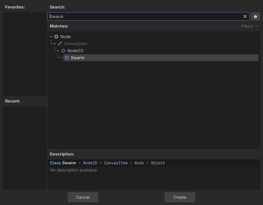 Godot's Create New Node dialog showing the Swarm class