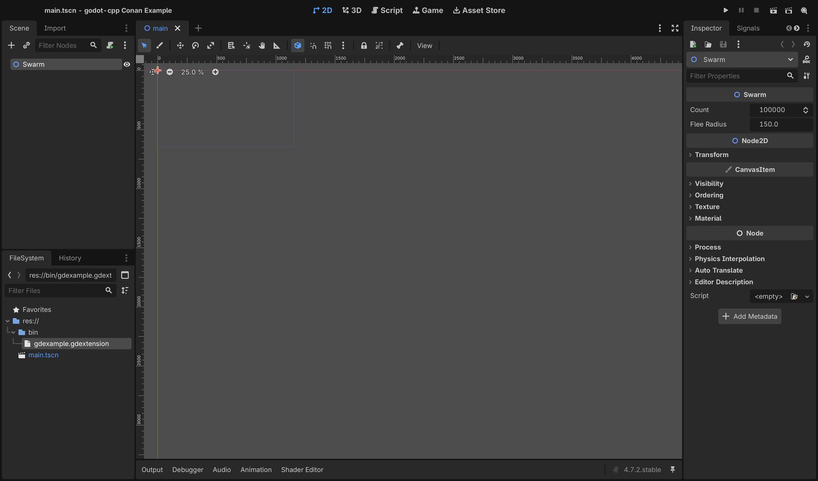 The Swarm node in the Godot editor with its Count and Flee Radius properties